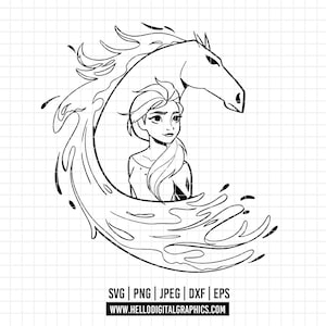 Puede incluir: Ilustración en blanco y negro de una mujer con el pelo largo y un caballo. La mujer lleva un vestido y el caballo se está encabritando. La imagen está sobre un fondo de líneas en espiral.