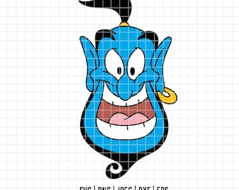 May include: A cartoon illustration of a blue genie with a smiling expression. The genie has large ears, a gold earring, and a black ponytail. The image includes the text "SVG | PNG | JPEG | DXF | EPS" and the website address "WWW.HELLODIGITALGRAPHICS.COM".