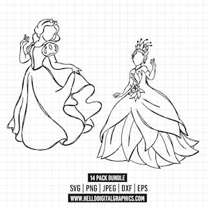 1702 - Bundle de croquis de princesse inspirés de Disney SVG, PNG, EPS - Vecteur de clipart de contour de princesse. Pack svg dessin au trait Princesse Disney.