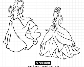 1702 - Disneyy-Inspired Princess Sketch pack bundle SVG, PNG, EPS - Princess outline clipart vector. Disneyy Princess line art svg pack.