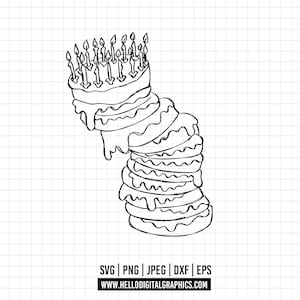 May include: A black and white line drawing of a multi-tiered birthday cake, adorned with many lit candles. The cake has a playful, off-kilter appearance. The bottom of the image displays file type options and a website address.