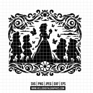 2870 - Timeless Snow White and the dwarfs Silhouette SVG,PNG,EPS - Disneyy Snow white silhouette clipart vector. Disney os sete anões.