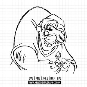 3419 - Quasimodo and the Chick SVG, EPS, PNG - Classic Disneeyy characters line art. The Hunchback of Notre Dame, 1996 clipart vector svg.