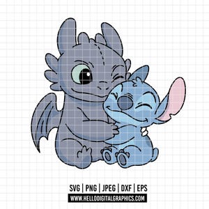May include: A digital illustration of two cartoon characters embracing. One is a gray dragon with green eyes and the other is a blue alien with large ears. The image includes the text "SVG | PNG | JPEG | DXF | EPS" and a website address.