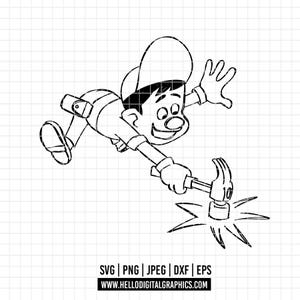 May include: Black and white cartoon illustration of a person wearing a cap and overalls, swinging a hammer. The hammer strikes a surface, creating a starburst effect. The image includes file type information and a website address.