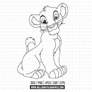Peut inclure: Illustration en noir et blanc d'un lionceau assis, souriant. L'image comprend les options de type de fichier : SVG, PNG, JPEG, DXF et EPS, ainsi qu'une adresse de site Web.