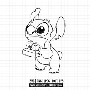 May include: A black and white line drawing of Stitch, a blue alien character from the Disney movie Lilo & Stitch, holding a camera. Stitch is looking at the camera with a big smile.