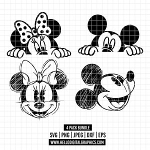 1823 - Paquete de Mickey y Minnie Mouse SVG, EPS, PNG. Personajes de Disney. Esquema vectorial. Me encantan las siluetas de Mickey y Minnie.