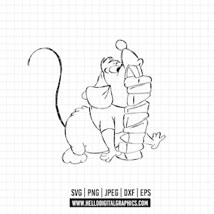 May include: A black and white line drawing of a cartoon dog wearing a hat and holding a stack of presents. The dog is looking to the right and has a happy expression.