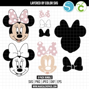 Può includere: Un pacchetto grafico digitale con disegni a strati della testa di Minnie Mouse con fiocchi a pois in rosa, bianco e nero. L'immagine include il testo LAYERED BY COLOR SVG, 8 PACK BUNDLE, SVG | PNG | JPEG | DXF | EPS e WWW.MAGICALSVGPACK.COM.