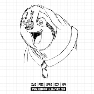 May include: Black and white line drawing of a sloth wearing a collared shirt and tie. The sloth has a wide open mouth and appears to be smiling.