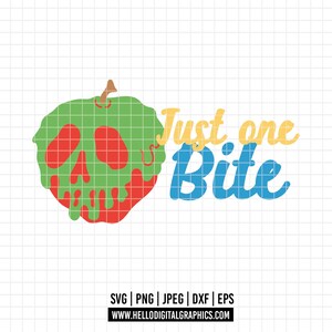 May include: A green apple with a red skull face and dripping red liquid. The text "Just one Bite" is written in yellow and blue letters.