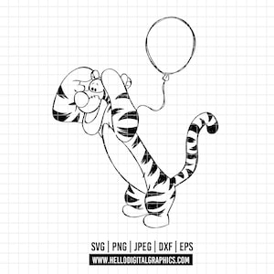 3124 - Tigger with a balloon SVG,PNG,EPS- Winnie the Pooh characters Outline clipart vector, line art. Tigger&#39;s Adventures. Tigger line art.