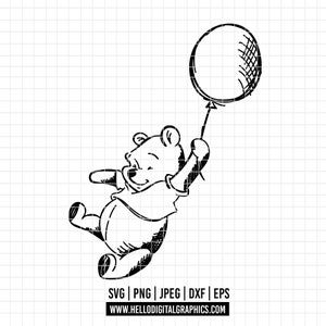 1721 - Winnie de Poeh vliegt in de ballon SVG, PNG, EPS - Winnie de Poeh overzicht clipart vector, zeer fijne tekeningen. Avonturen van Winnie de Poeh.