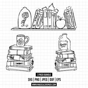 Pode incluir: Uma ilustração de linhas a preto e branco com uma prateleira, uma rosa numa cúpula de vidro, livros, uma coroa e uma maçã. Abaixo, duas pilhas de livros, uma com uma caneca Grape Soda e outra com um jarro Paradise Falls. Texto: 3 PACK BUNDLE, SVG, PNG, JPEG, DXF, EPS, WWW.MAGICALSVGPACK.COM.