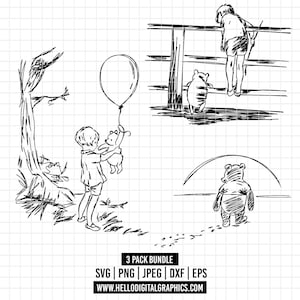 1739 - Paquete de escenas icónicas de Winnie the Pooh y Christopher Robin SVG, PNG, EPS: paquete de vectores de clipart de contorno/arte lineal de Winnie Pooh