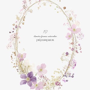 Clematis Floral Frame PNG, Watercolor Flower Wreath Clipart, Wedding Frame, Botanical Circle Frame, Purple Pink Floral Border