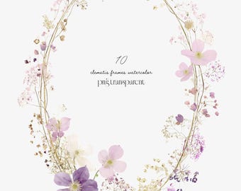 Clematis Floral Frame PNG, Watercolor Flower Wreath Clipart, Wedding Frame, Botanical Circle Frame, Purple Pink Floral Border