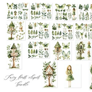 17 clipart forêt féerique, maisons vertes dans les arbres, travaux manuels aquarelle imprimables, papier de scrapbooking, autocollants, art de la pépinière, fichiers JPG à téléchargement numérique