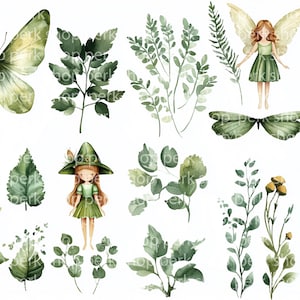 17 cliparts de plantes féeriques, verdure de la forêt magique, aquarelle imprimable, papier de scrapbooking, autocollants, oeuvre d'art pour chambre d'enfant, fichiers JPG à téléchargement numérique