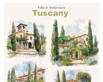 4 Italian Villas Clipart, Watercolor Tuscany Landscape Clip Art, Printable High Quality JPGs, Digital download, Paper craft, Junk journals