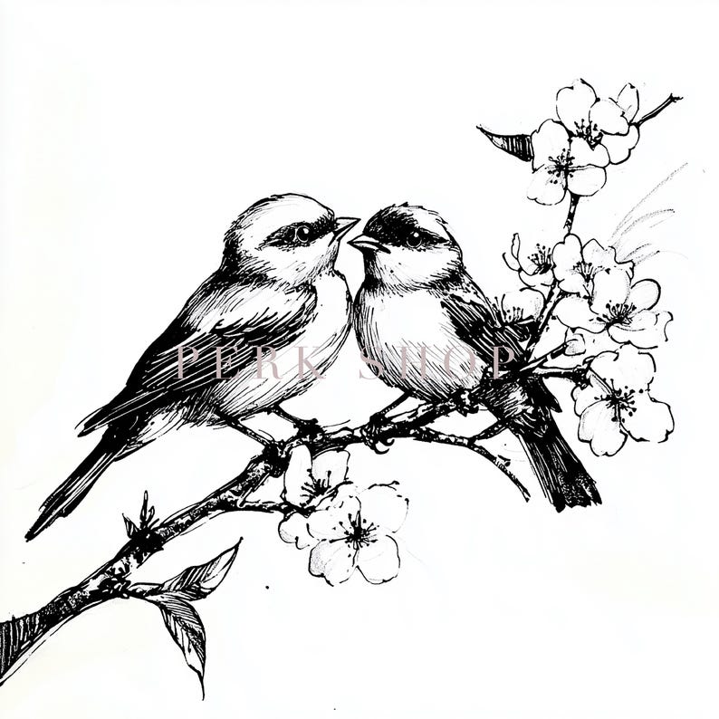 Hand-drawn Spring Birds Clipart: Floral Branch PNG (digital Print) - Etsy