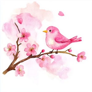 8 imágenes prediseñadas de pájaro en rama de cerezo, descarga digital, acuarela de primavera imprimible, manualidades de papel, PNG de alta resolución, pájaro de diario basura