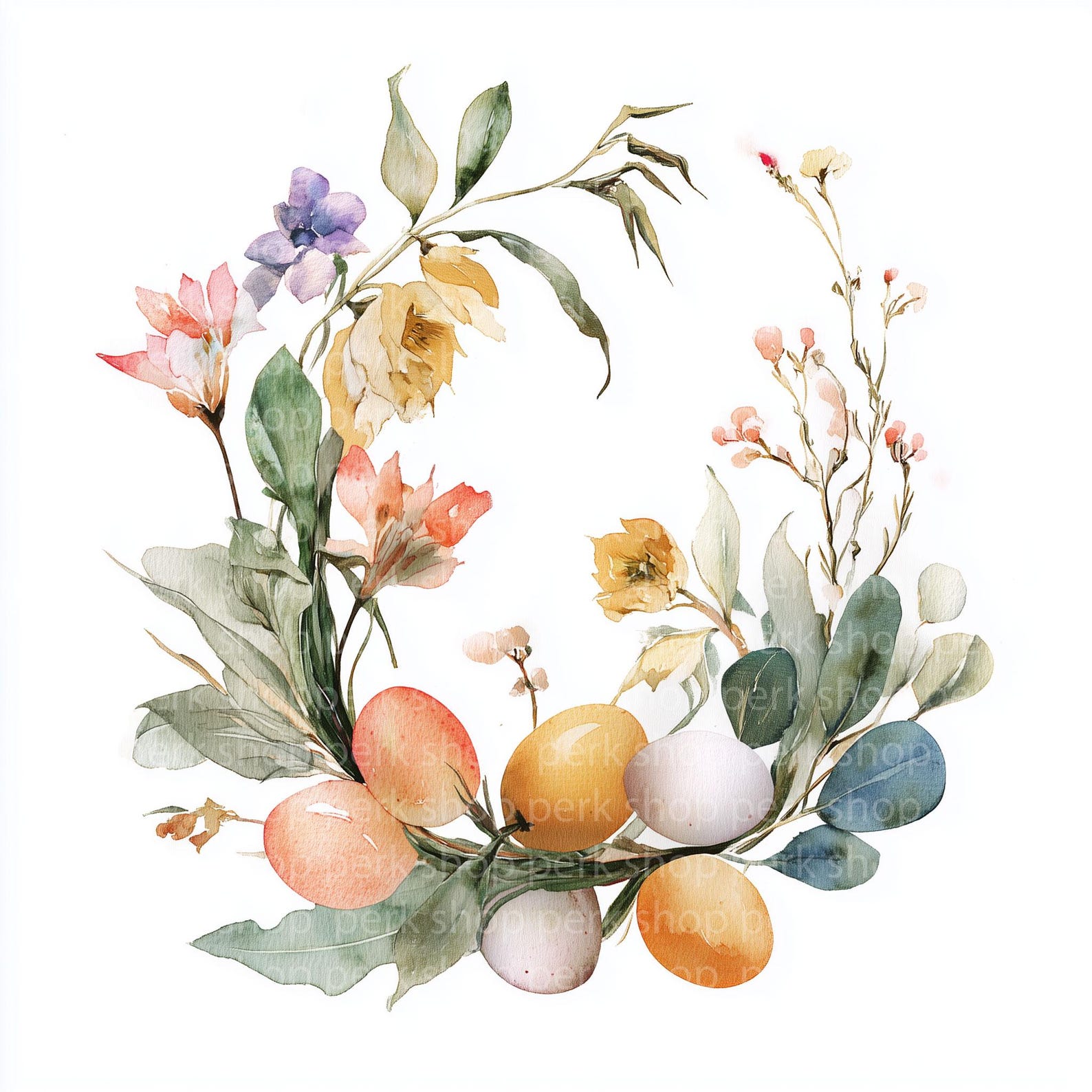 9 Easter Floral Wreath Clipart PNG, Watercolor Spring Flowers Eggs ...