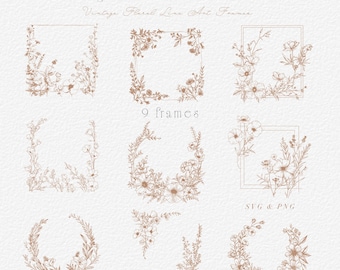 Pode incluir: Nove molduras vintage de arte floral em tons sépia. As molduras têm várias formas, incluindo quadrados, retângulos e círculos, e são adornadas com delicados desenhos florais e botânicos. O texto "Vintage Floral Line Art Frames" e "9 frames" é visível.
