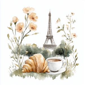 8 Paris clipart croissant café, scène fleurs Eiffel aquarelle, illustration de petit déjeuner boulangerie Français, téléchargement numérique, art mural, impressions