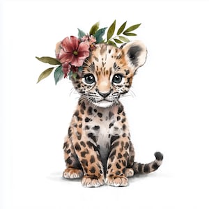 11 adorables imágenes prediseñadas de leopardo bebé: lindo animal de acuarela con flores tropicales, arte de pared de la jungla, descarga digital, diario basura de sublimación