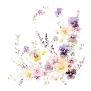 May include: Watercolor illustration of a floral arrangement featuring pansies and lavender. The pansies display a range of colors, including purple, yellow, and pink, with delicate details. The lavender adds a touch of purple and green.
