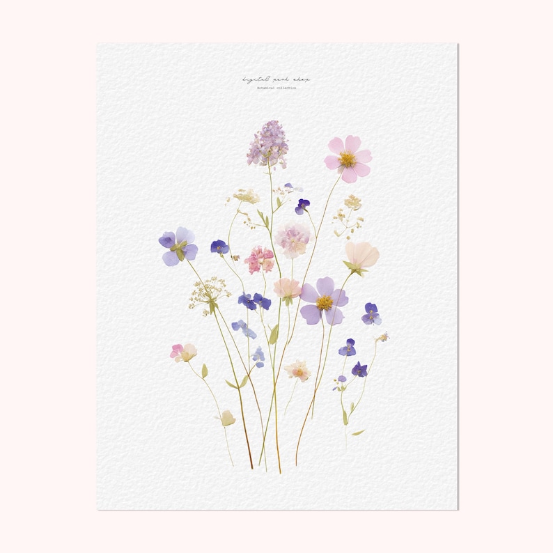 May include: A vertical rectangular print on textured white paper featuring a collection of pressed wildflowers in shades of lavender, violet, soft pink, and cream. The text digital pink shop and botanical collection is printed at the top center.