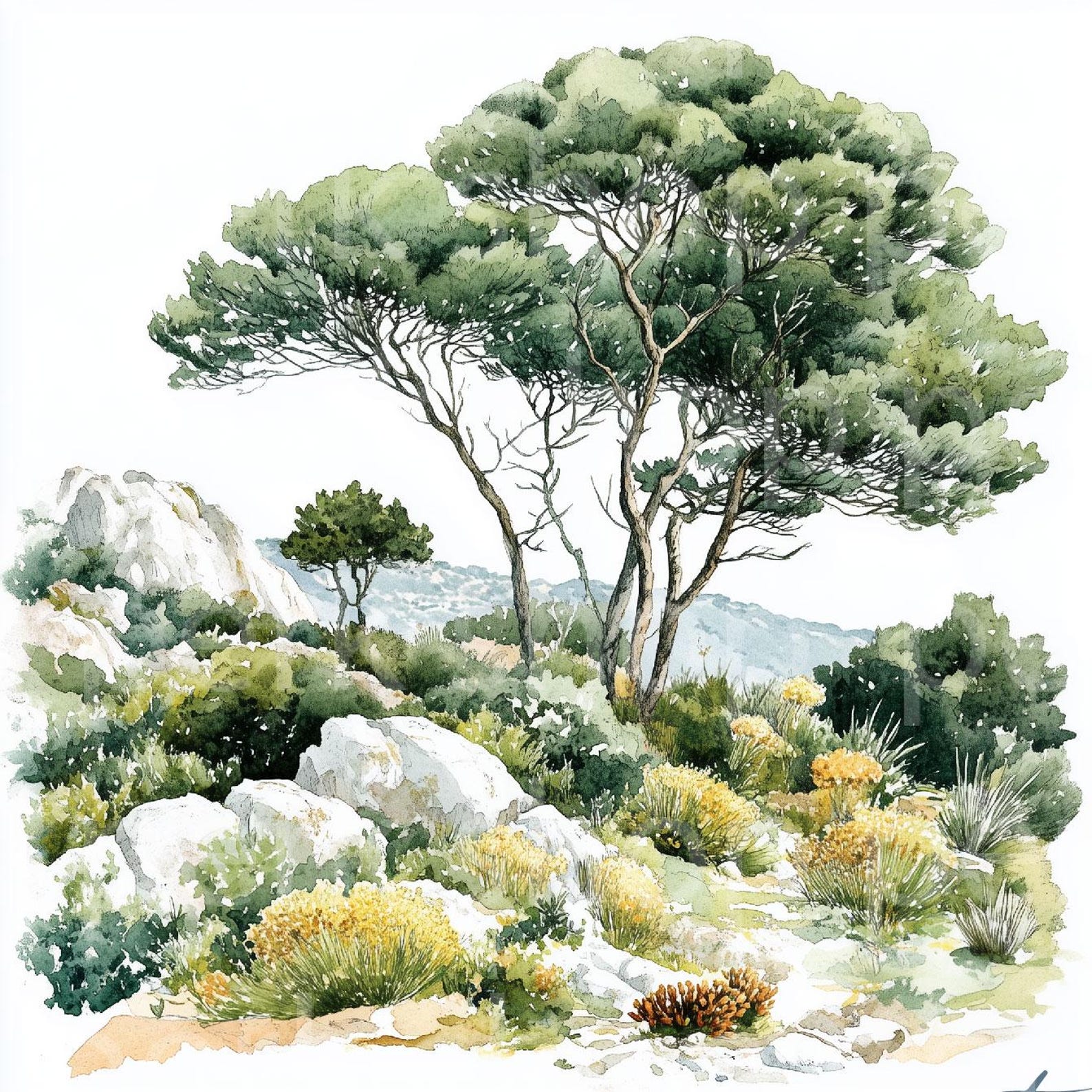 Italian Tree Graphics Italian Pine Watercolor Clipart: Mediterranean Tree Digital Art ...