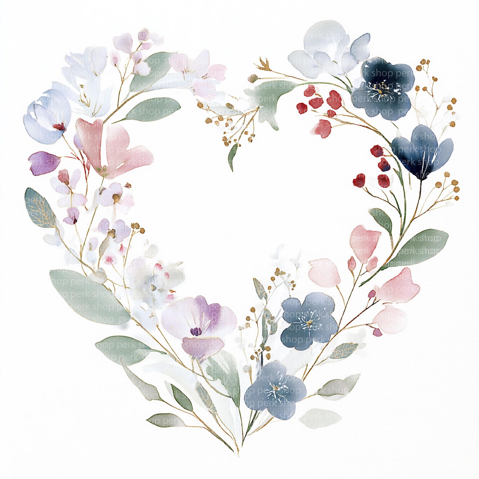 Watercolor Floral Heart Clipart, Pastel Wedding Wreath (digital ...