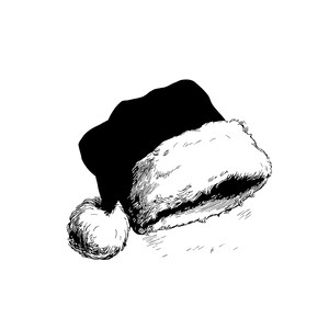 以下が含まれることがあります： 白いふわふわのトリムと白いポンポンが付いた黒いサンタ帽子。この帽子は、休日のテーマのデザインや工芸品に最適な、シンプルでイラスト的なスタイルで描かれています。