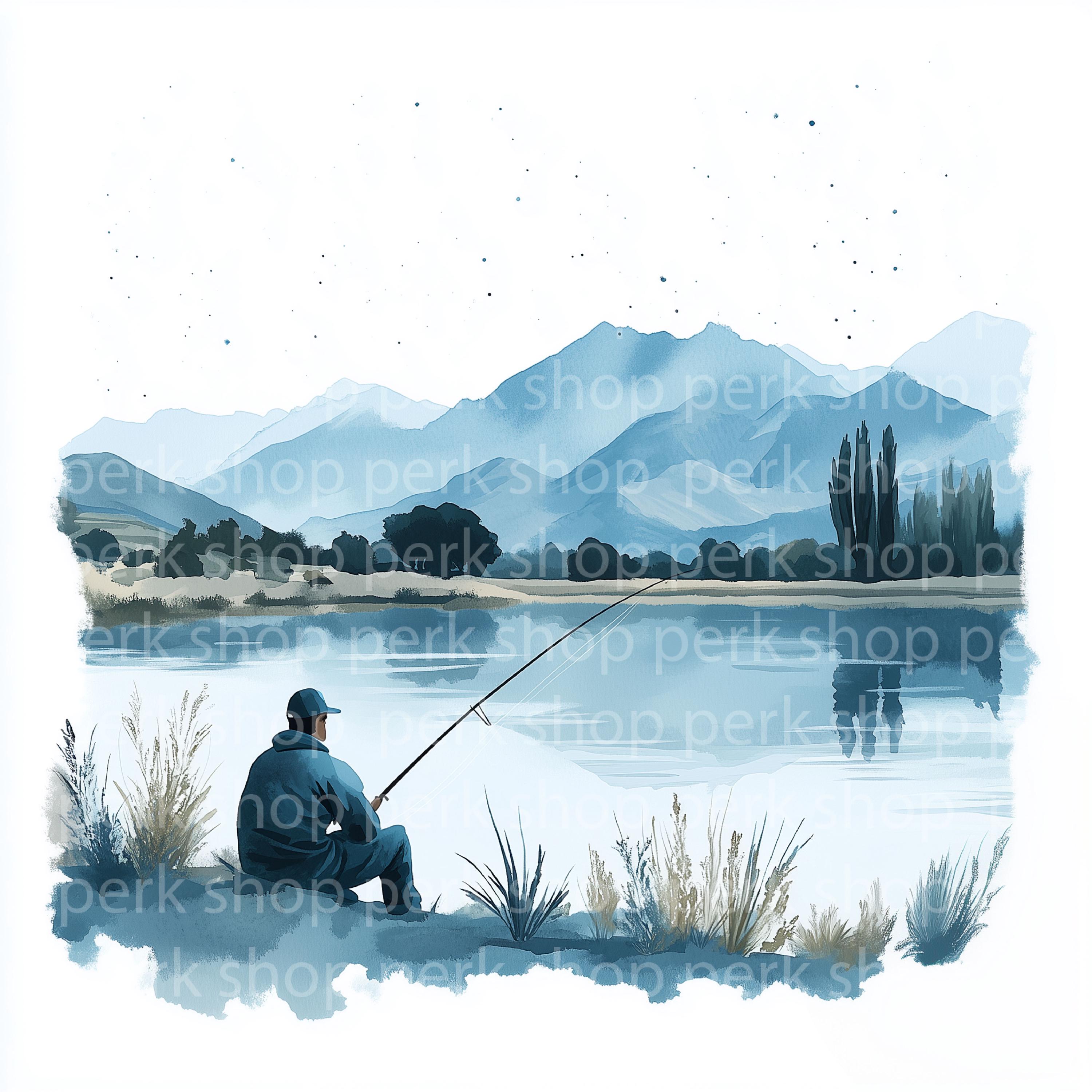 釣り人の水彩画クリップアート：ボートの風景画（デジタルダウンロード