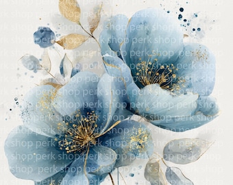 水彩画 金の絵 抽象 青い花の抽象的な水彩画クリップアート 青と