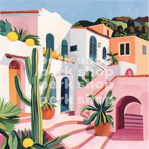 Paysages de villas côtières de Californie, peintures de maisons tropicales vives, art mural imprimable, impression clipart acrylique rose, papier artisanal pour sublimation