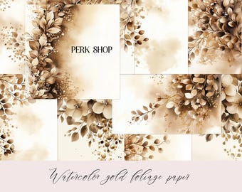 Gold Foliage Watercolor Paper Pack: Floral Glitter Leaves (Digital Download)