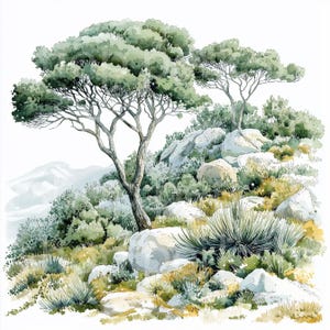 9 Clipart di pino cembro, pino italiano Dipinti digitali ad acquerello, scrapbooking, biglietti artigianali, inviti di nozze, download di alberi mediterranei