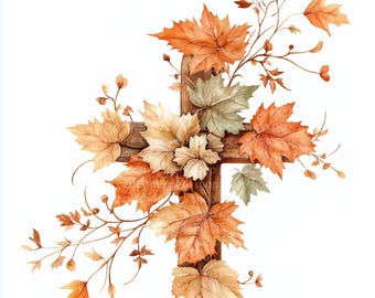 Autumn Leaves Cross Watercolor Clipart, Christian Fall Cross PNG, Faith Thanksgiving Art Print, Rustic Botanical Cross, Religious Fall Decor