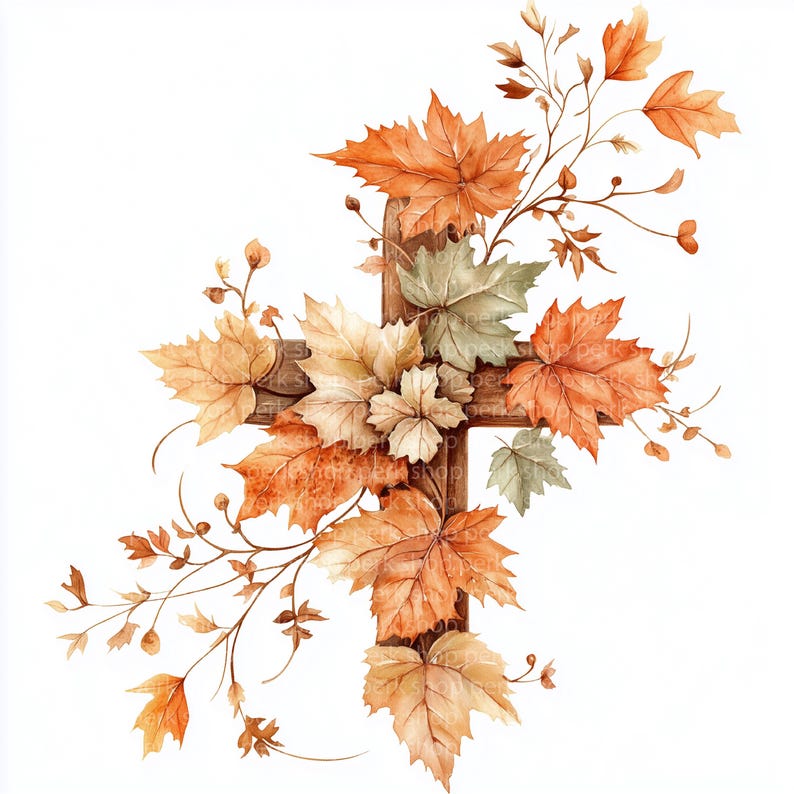 Autumn Leaves Cross Watercolor Clipart, Christian Fall Cross PNG, Faith ...
