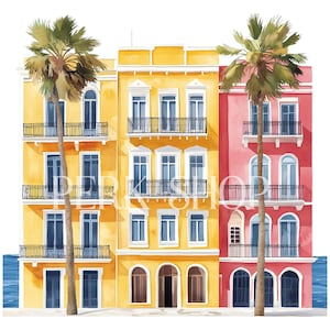 18 clipart de casas de Tel-Aviv, paisagem em aquarela de arquitetura de Israel, download digital, adesivo para impressão, papel para scrapbook, sublimações PNG