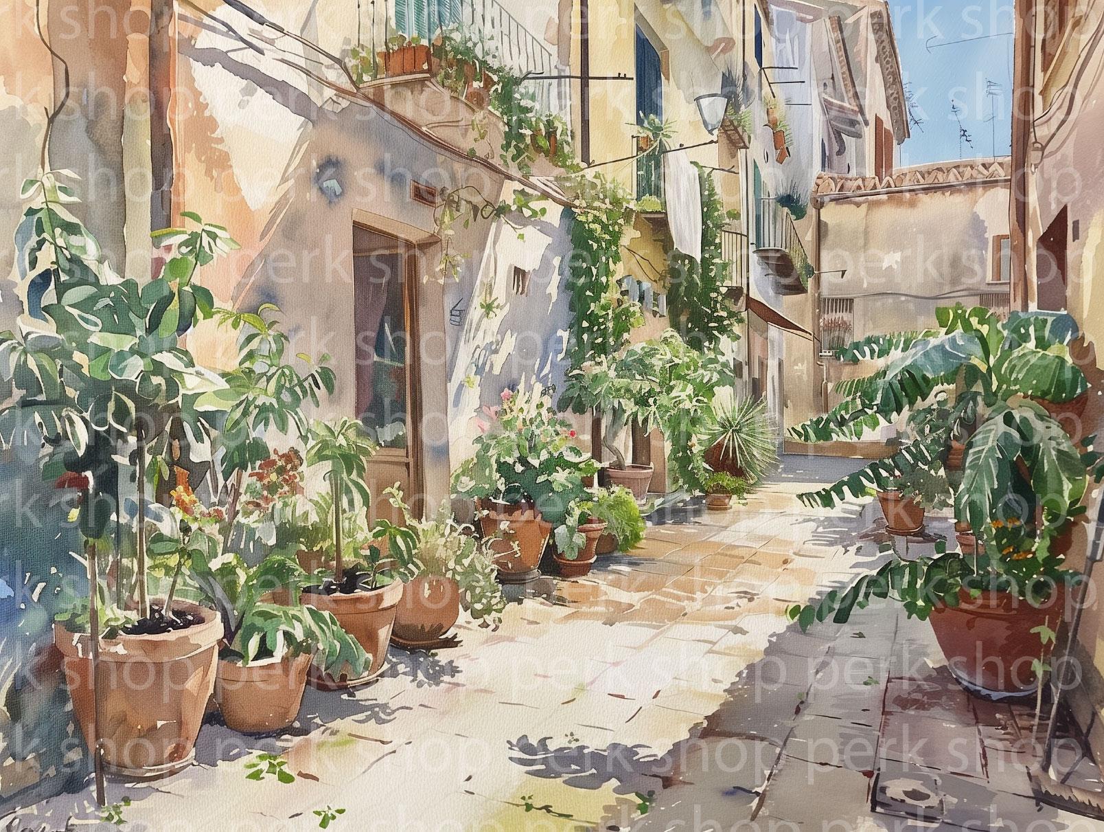 Mediterranean Watercolor Wall Art Printable, Italian Villa Landscape ...