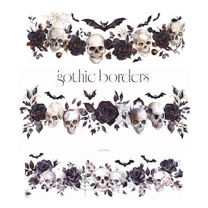 May include: Gothic borders design featuring skulls, black roses, bats, and spiderwebs. The text "gothic borders" is displayed in a stylized font. The design is suitable for Halloween or gothic-themed projects.
