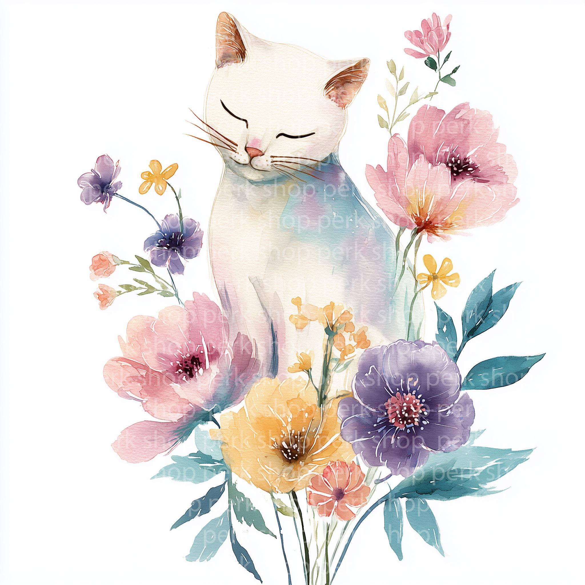 Watercolor Floral Cat Clipart Set, Premade Cute Kitten Graphics, Spring ...