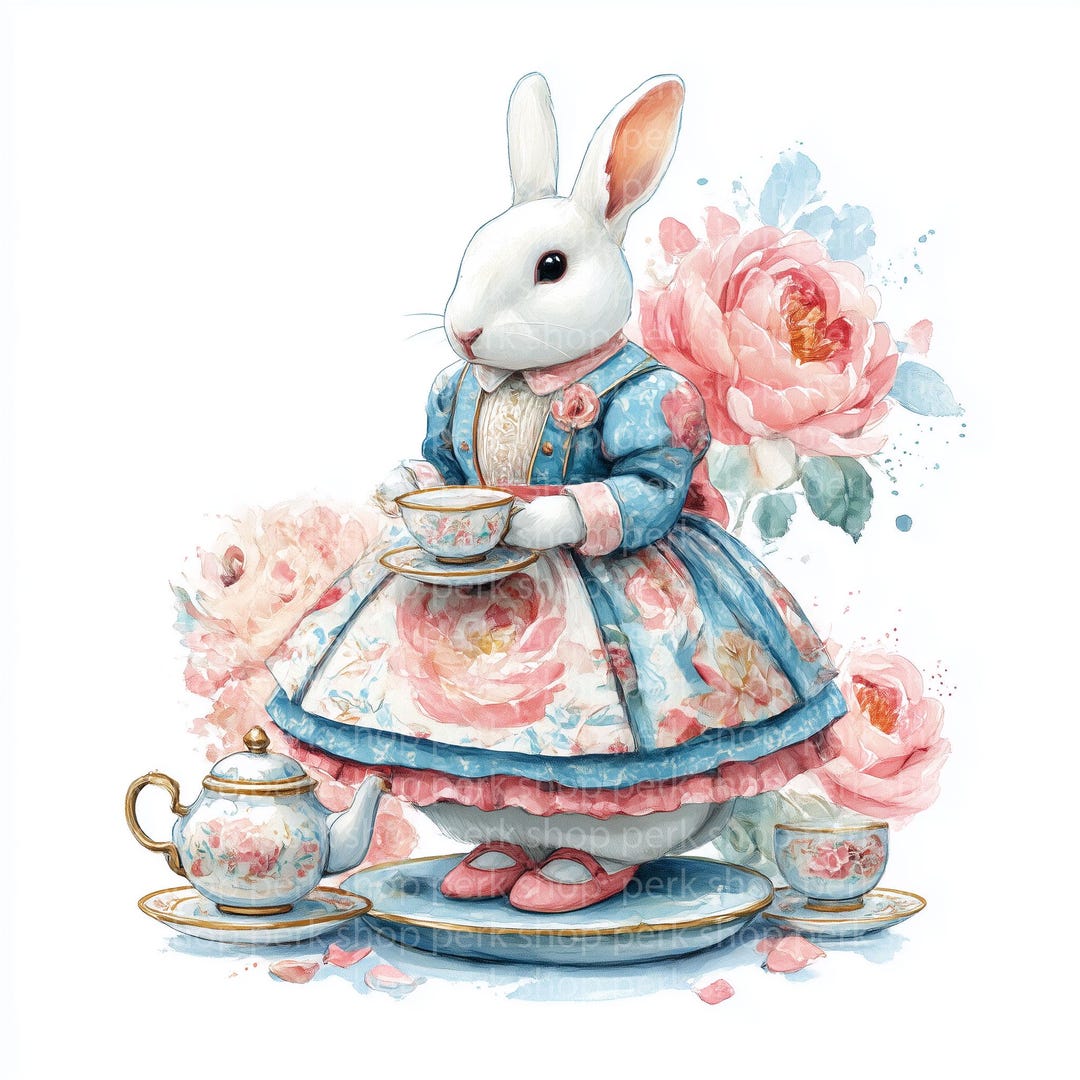 Alice in Wonderland Inspired Bunny Clipart, Watercolor Tea Party Rabbit ...