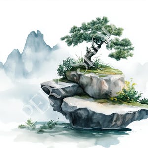 9 Bonsai Baum Aquarell digitale Clipart, Japanische Natur inspirierte Kunstwerk, druckbare zarte Pflanzenkunst, digitaler Download, Papierhandwerk jpg