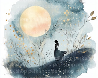 Starry Night Girl Silhouette Clipart: Dreamy Watercolor Images (Digital Download)
